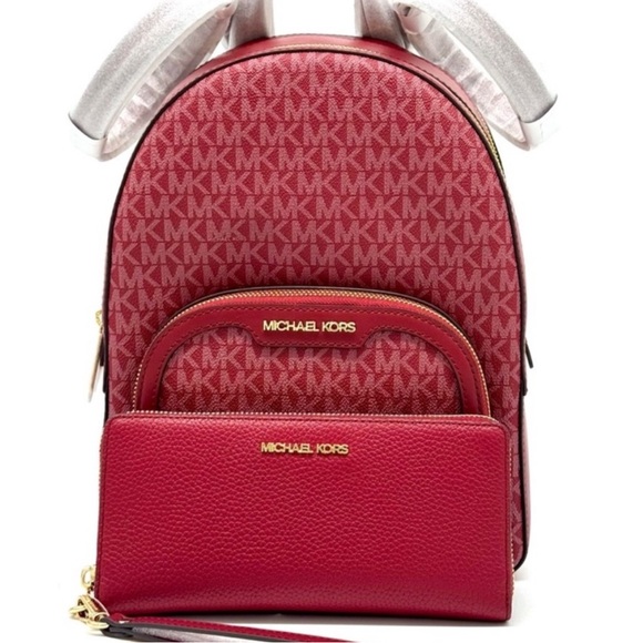 Michael Kors Jaycee Medium Logo Backpack & Matching Continental Wallet Cherry